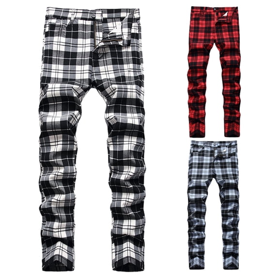 Joernso Men Button Zip Trousers Button Fly Slim Fit Plaid Print Wild Skinny Soft Full Length Men Red Plaid Printed Pants for Work