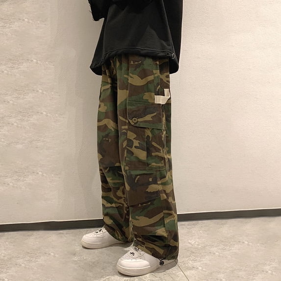 Joernso Men Cargo Pants Camouflage Drawstring Elastic Waist Wide Leg Autumn Vintage Jogging Trousers Streetwear