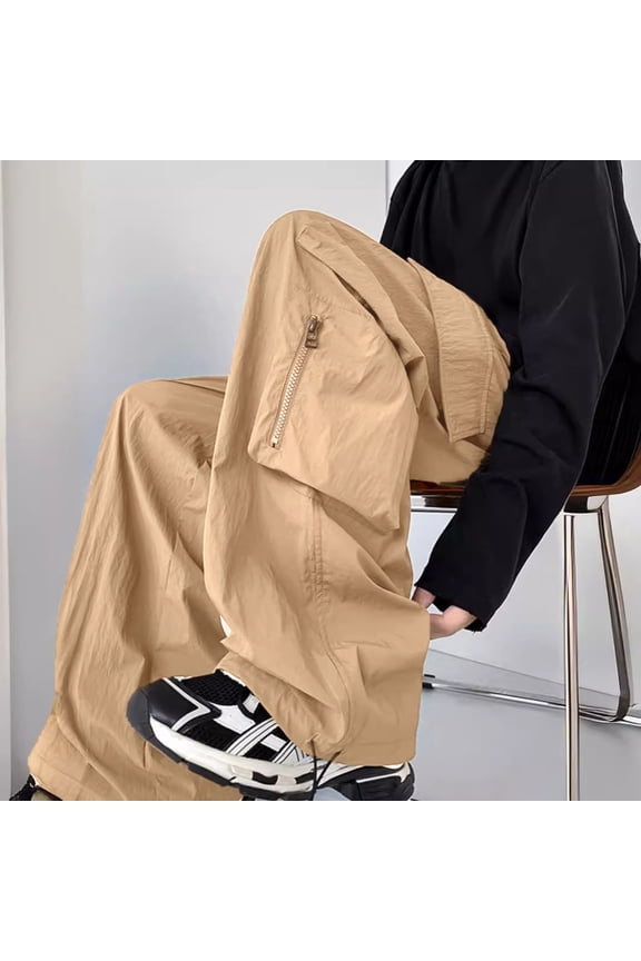 Men Cargo Pants Loose Solid Color Drawstring Elastic Waist Hip Hop Style Wide Leg Slacks Straight Leg Multi Pockets Streetwear Outdoor Travel Trousers