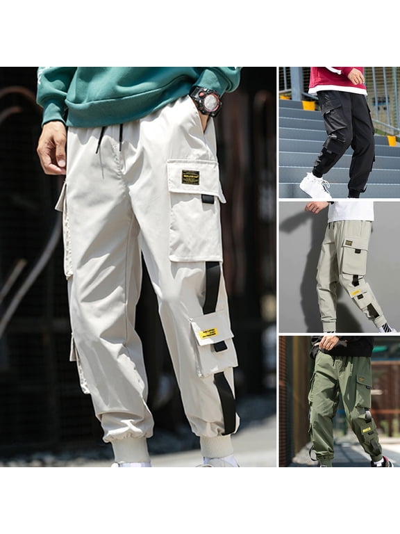 Men Cargo Pants Side Pockets Stretchy Waist Drawstring Strap Decor Ankle-banded Jogger Pants Daily Clothes