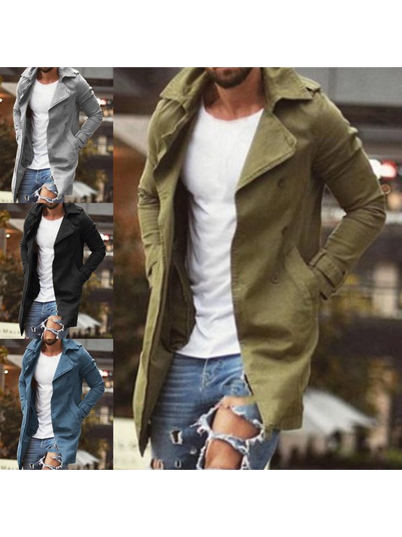 Men Coat Windbreaker Cardigan Slim Solid Color Trench Coat for Winter