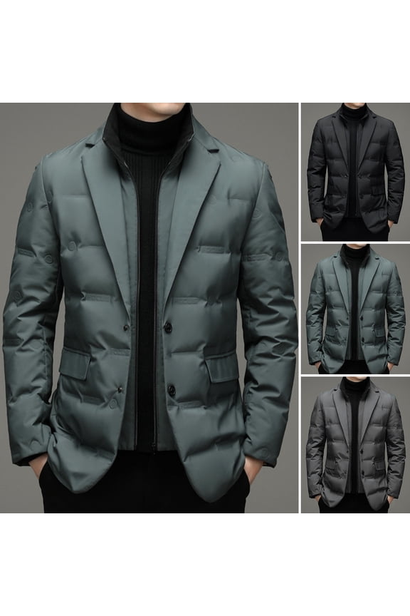 Men Cotton Suit Coat High Collar Suit Collar Long Sleeve Buttons Zipper Placket Suit Jacket Fake Two Pieces Quilted Outerwear