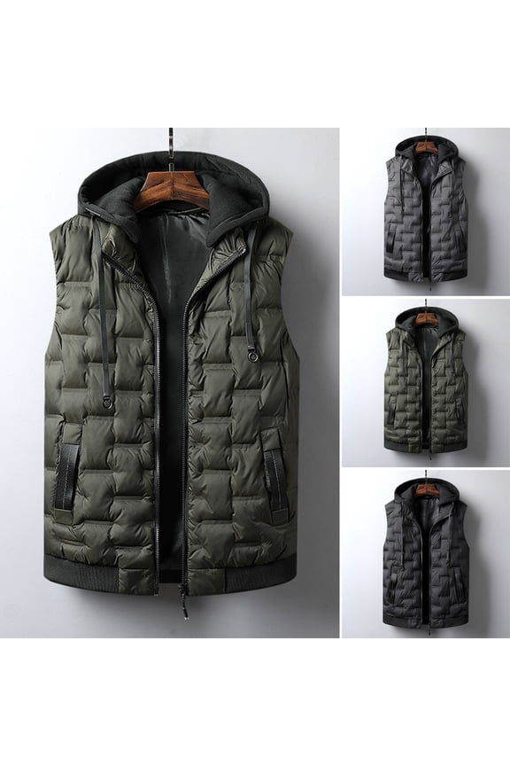 Men Cotton Vest with Removable Hood Drawstring Decoration Sleeveless Waistcoat Solid Color Zipper Placket Vest Coat