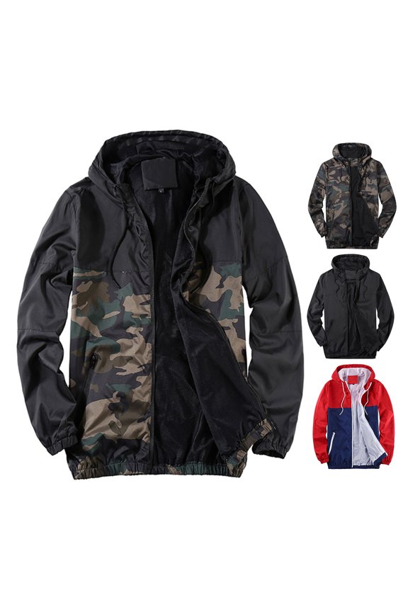 Men Fall Winter Coat Mesh Breathable Hooded Drawstring Long Sleeve Plus Size Zipper Closure Camouflage Print Smooth Mid Length Pockets Elastic Cuff Men Jacket