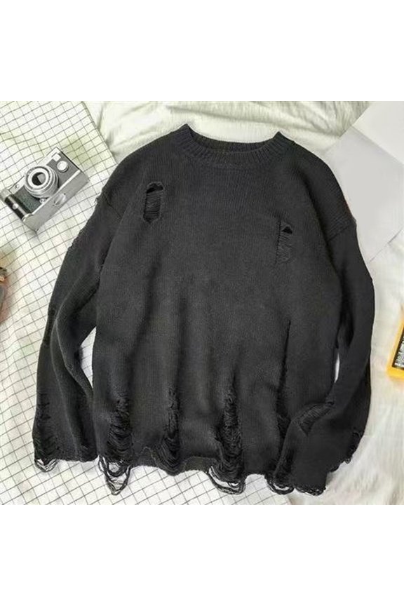 Men Fall Winter Sweater Ripped Hole Solid Color Round Neck Knitted Retro Japanese Style Mid Length Loose Long Sleeve Soft Warm Pullover Men Sweater