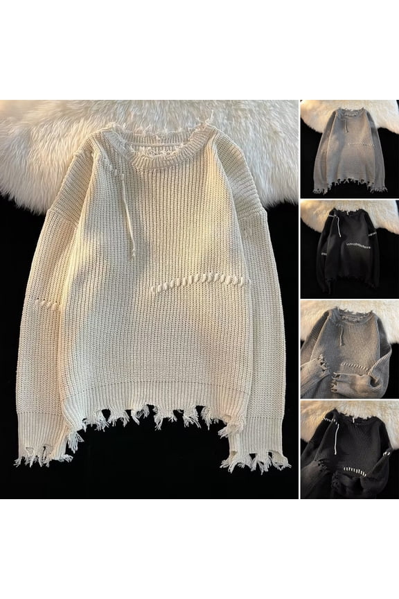 Men Fall Winter Sweater Ripped Tassel Solid Color Fringe Round Neck Knitted Mid Length Loose Long Sleeve Soft Warm Pullover Men Sweater