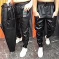thumbnail image 1 of Joernso Men Faux Leather Pants with Pockets Stretchy Waist Solid Color Plus Size Waterproof Ankle-banded Motorcycle Style Spring Fall Club Trousers, 1 of 7