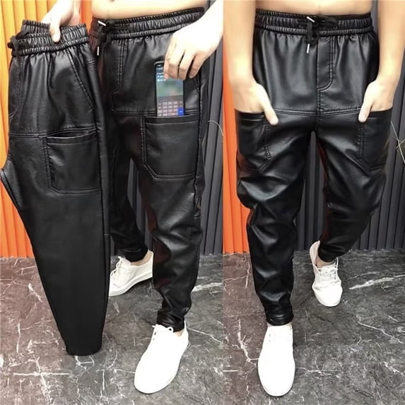 Joernso Men Faux Leather Pants with Pockets Stretchy Waist Solid Color Plus Size Waterproof Ankle-banded Motorcycle Style Spring Fall Club Trousers