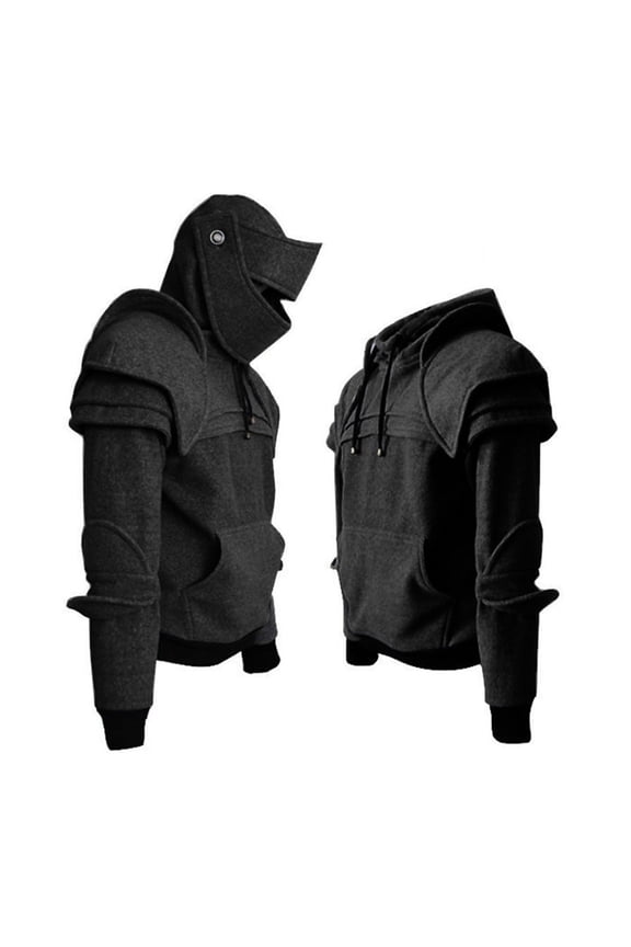 Men Halloween Hoodie with Hood Knight Drawstring Patch Pocket Ruched Elastic Cuff Long Sleeves Warrior Medieval Costume