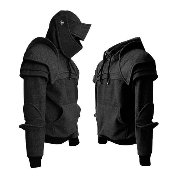 Joernso Men Halloween Hoodie with Hood Knight Drawstring Patch Pocket Ruched Elastic Cuff Long Sleeves Warrior Medieval Costume