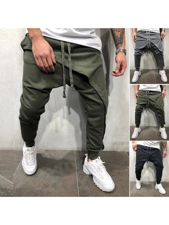 Men Harem Pants Solid Color Ankle Tied Streetwear Hip Hop Double Layer Running Baggy Pants for Jogging