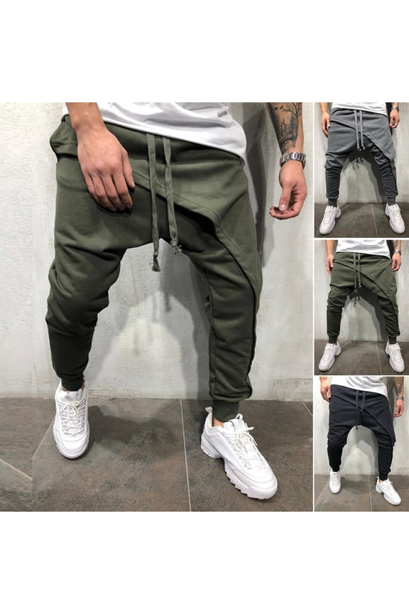 Men Harem Pants Solid Color Ankle Tied Streetwear Hip Hop Double Layer Running Baggy Pants for Jogging