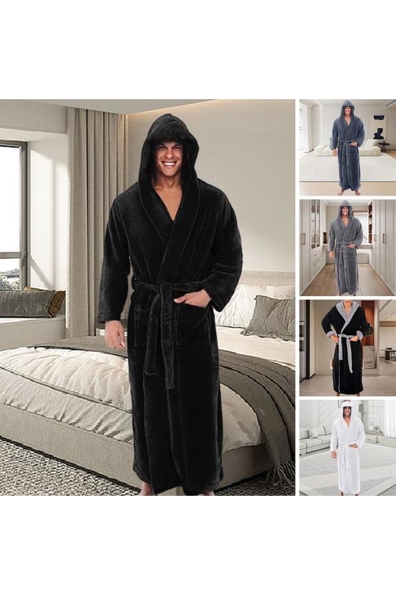 Men Hooded Bathrobe with Adjustable Belt Super Soft Fluffy Highly Absorbent Solid Color Pocket Design Male Bathrobe