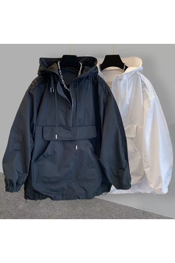 Men Hooded Trench Coat Long Sleeve Windproof Jacket with Half-Zip Closure Kangaroo Pocket Spring Autumn Hoodie