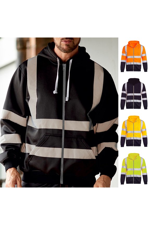 Men Hoodie Coat Reflective Strip Safe Warning Color Matching Drawstring Loose Zipper Closure Long Sleeve Warm Soft Sanitation Overalls Cold-Proof Outdoor Work Safety Jacket