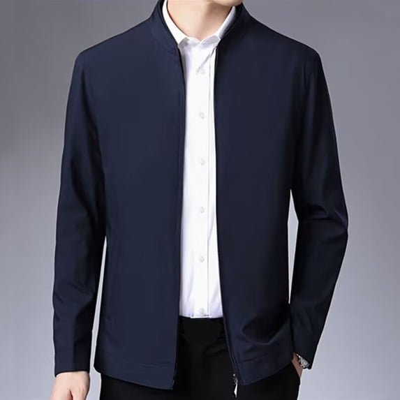 Joernso Men Jacket Lapel Long Sleeve Zipper Placket Middle-aged Coat with Side Pockets Solid Color Casual Jacket Outwear