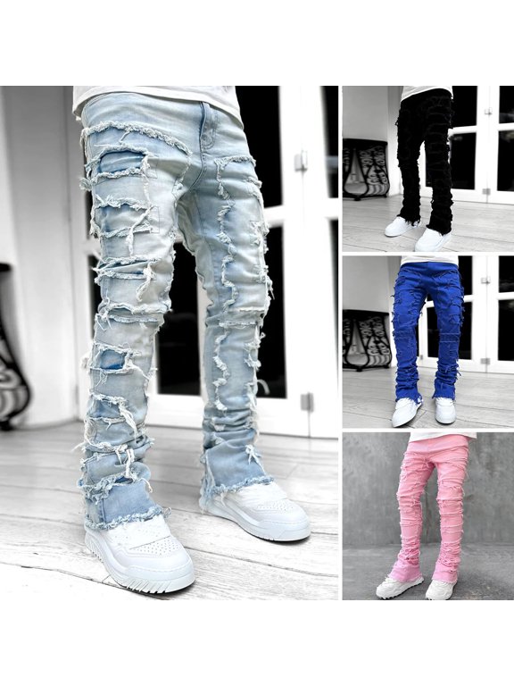 Men Jeans Trendy Street Style Stretch Patchwork Jeans Soft Comfortable Men Pants for Daily Wear Outdoor