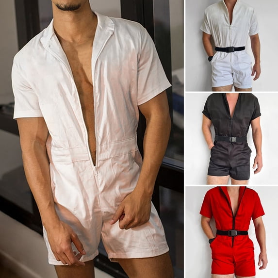 Joernso Men Jumpsuit Turndown Collar Straight Temperament Slim Short Sleeve Romper Streetwear
