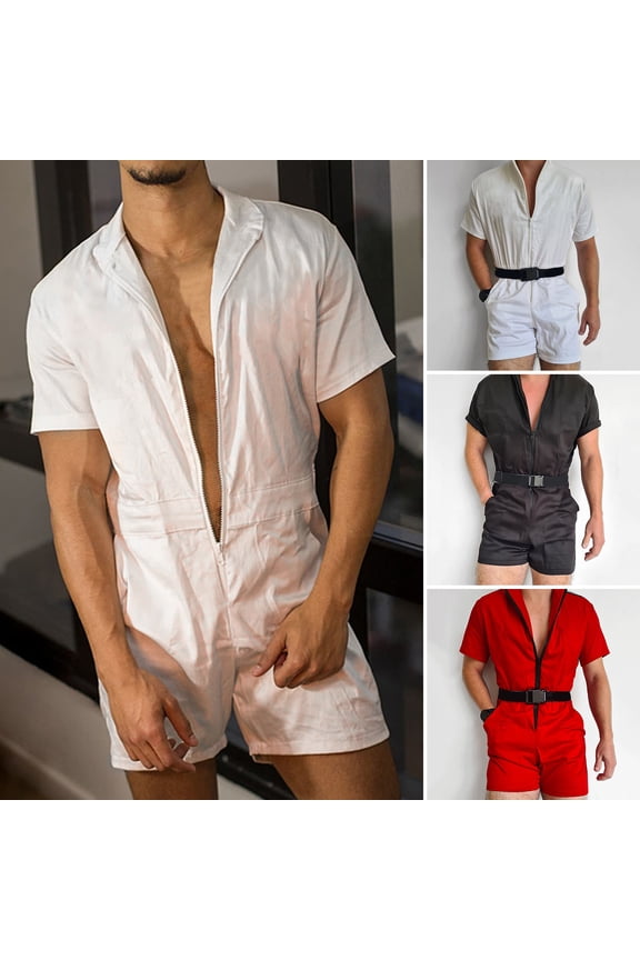 Men Jumpsuit Turndown Collar Straight Temperament Slim Short Sleeve Romper Streetwear