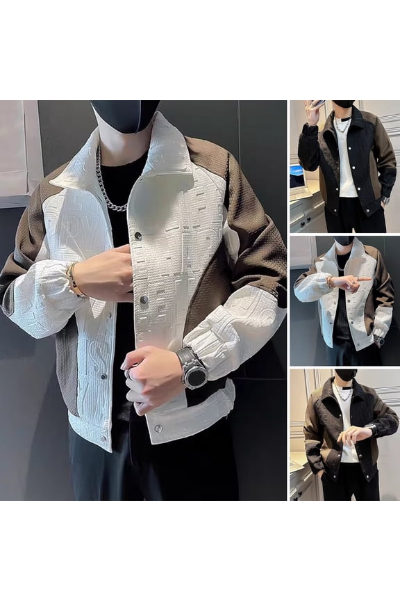 Men Lapel Long Sleeve Jacket Coat Hip Hop Style Windproof Design Color-Blocked Jacket with 3D Letter Pattern