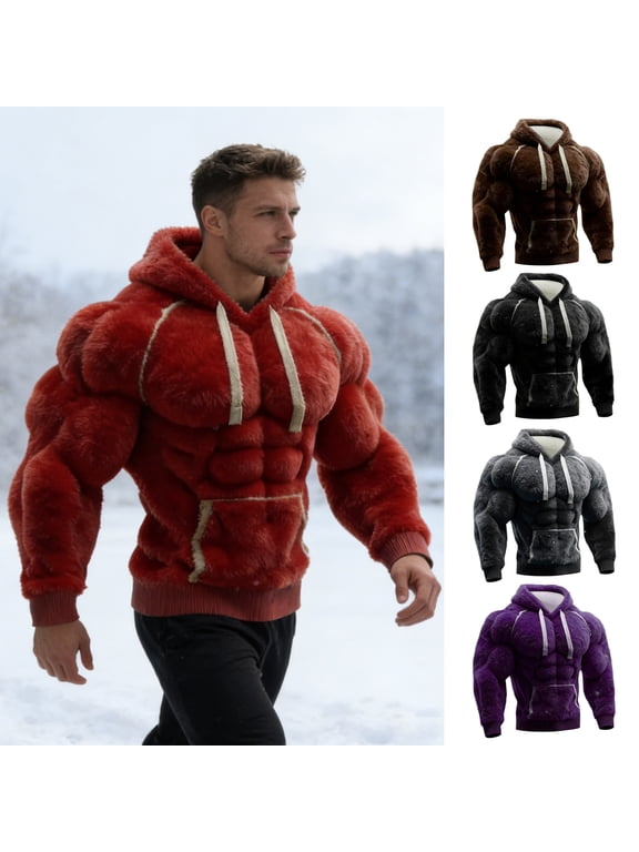 Men Muscle Hoodie 3D Pattern Fuzzy Pullover Muscular Long Sleeve Warm Hooded Sweatshirt for Casual Sports Streetwear Fashion