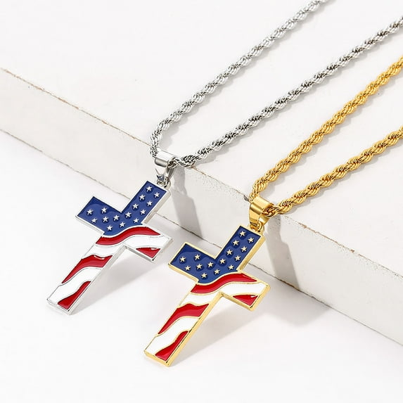Joernso Men Necklace Polished American National Flag Print All Match Faith Colorful Cross Shape Men Pendant for Gift