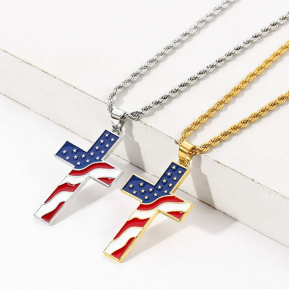 Joernso Men Necklace Polished American National Flag Print All Match Faith Colorful Cross Shape Men Pendant for Gift