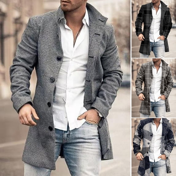 Joernso Men Overcoat Plaid Single-breasted Turndown Collar Long Sleeves Slim Mid-length Jacket Coat Streetwear
