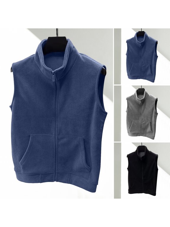Men Polar Fleece Vest Coat with Pockets Stand-Up Collar Sleeveless Zipper Placket Soft Warm Base Waistcoat