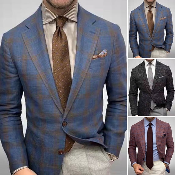Joernso Men Suit Coat Lapel Long Sleeve Slim Fit Suit Jacket with Pocket Plaid Print Retro Style Business Outerwear