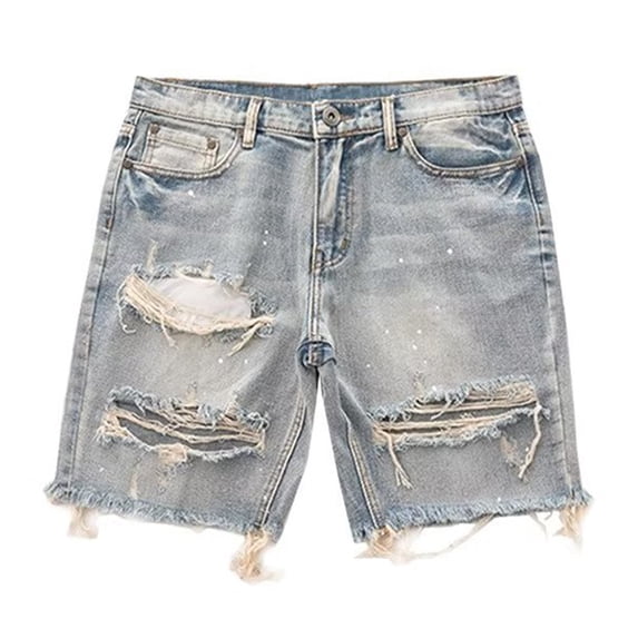 Joernso Men Summer Distressed Denim Shorts Button Zipper Fly Multi Pockets Short Jeans Straight Fit Ripped Holes Knee Length Distressed Denim Shorts