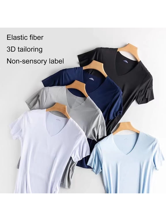 Men Summer T-shirt V Neck Thin Ice Silk Solid Color Thin Stretchy Pullover Mid Length Sweat Absorption Quick-drying Sport Fitness Top