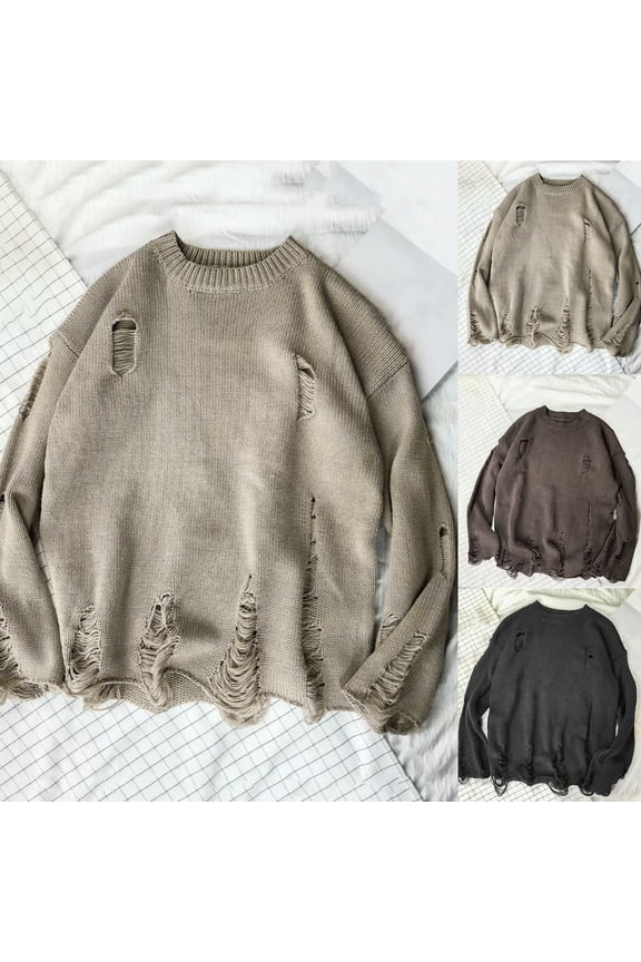 Men Sweater Solid Color Ripped O Neck Oversized Couple Sweater for Daily Wear