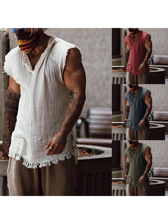 Men Vest Solid Color Casual Leisure Individual Old Style Loose Type Ripped Edge V Neck Sleeveless Men Tank Top Daily Clothes