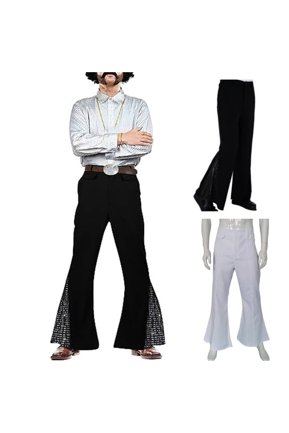 Men Vintage Pants 60s 70s Shiny Sequin Flared Hem Hippie Costume Halloween Carnival Party Adult Couples Cosplay Music Festival Retro Disco Fancy Trousers