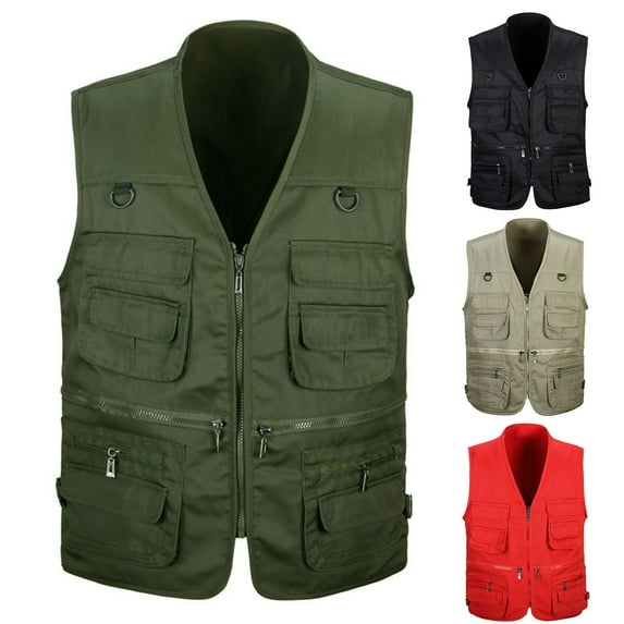 Joernso Men Waistcoat Solid Color Multi Pockets Zipper Sleeveless Spring Vest for Fishing