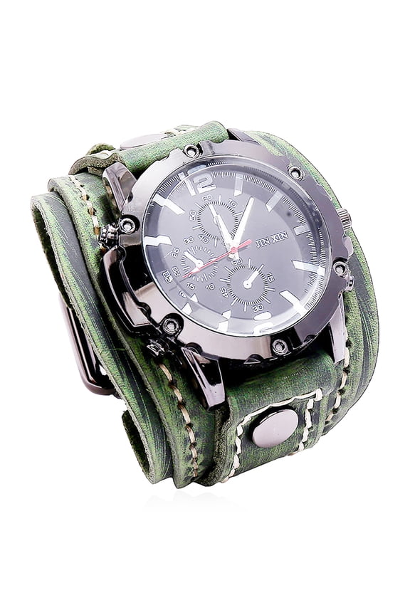 Men Watch Round Dial Precise Retro Adjustable Cool Birthday Gift Universal Handmade Sewing Faux Leather Strap Quartz Watch for Daily