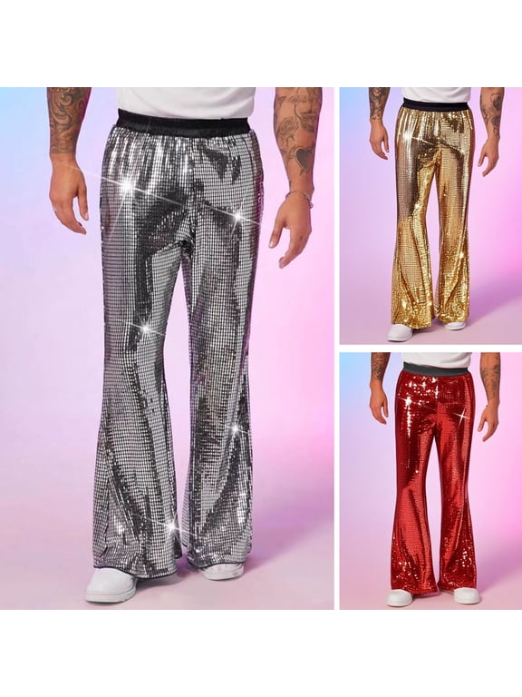 Men's Sequin Flared Trousers Shiny Hip-Hop Disco Pants Elastic Waist Retro Wide Leg Pants for Stage Performance Night Club Bar Dance
