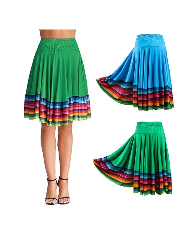 Midi Skirt Ladies Folk Dance Skirt Elastic High Waist Spanish Swing Skirt Rainbow Large Swing Hem Mexican Flamenco Performance Skirt