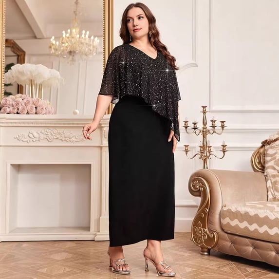 Joernso Mother of The Bride Dress for Women V Neck Formal Evening Gown with Chiffon Sequin Overlay Cape Plus Size Wedding Guest Dress