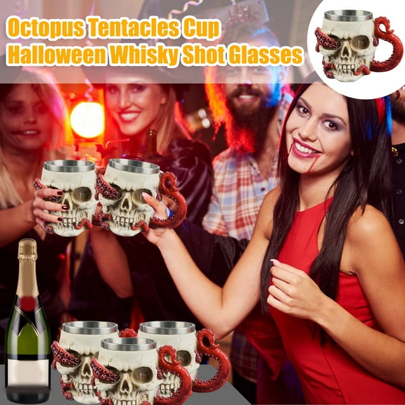 Joernso Novelty Beer Mug Skull Shape Realistic Octopus Tentacles Stainless Steel Medieval Halloween Party Wine Cup Whisky Shot Glasses Drinking Cup