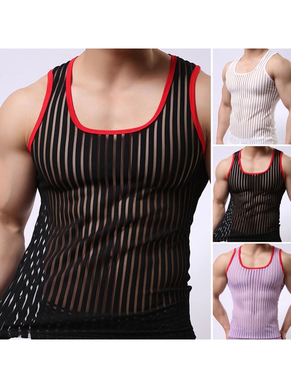 O-Neck Sleeveless Solid Color Men Vest Striped Racerback Male Mesh Sexy Transparent Bottoming Vest Home Wear