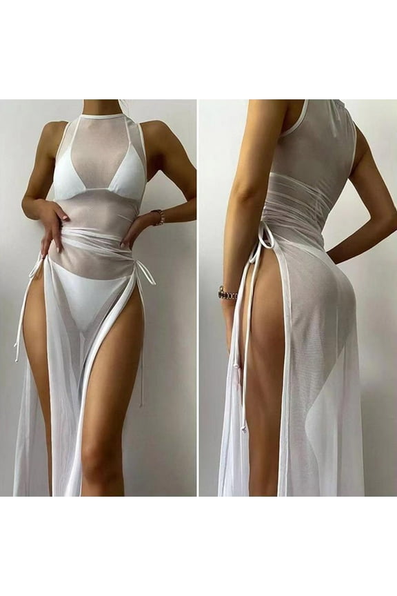 O-neck Side High Split Shirring Cover Up Dress Women Mesh Transparent Sleeveless Sunscreen Dress for Vacation