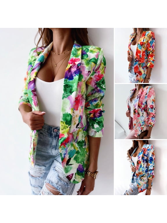 Office Lady Blazer Colorful Print Slim Spring Autumn Fake Pockets Floral Suit Jacket for Office
