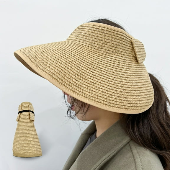 Joernso Outdoor Ladies Hat Empty Top Foldable Large Brim Bow Decor Sun Anti UV Beach Straw Cap Gardening Fishing Travel Hat