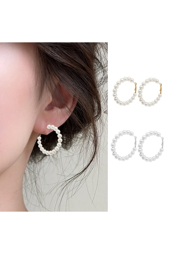 Pair Huggie Earrings Faux Pearl Round Shape Exaggerated Solid Color Anti-allergy Lightweight Stainless Ear Decoration Jewelry Earrings