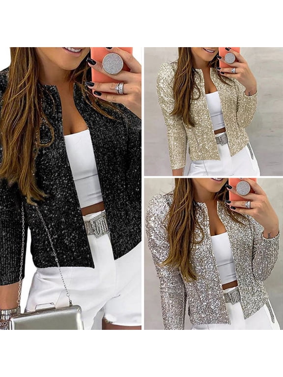 Party Blazer Sequin Decoration Crew Neck Long Sleeves Slim Fit Cardigan Dress Up Streetwear Women Open Front Sequin Jacket Female Clothing