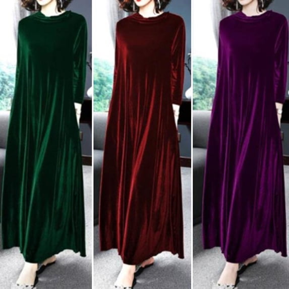 Joernso Pile Collar Long Sleeves Pockets A-Line Women Dress Spring Autumn Pleated Loose Hem Solid Color Velvet Maxi Dress