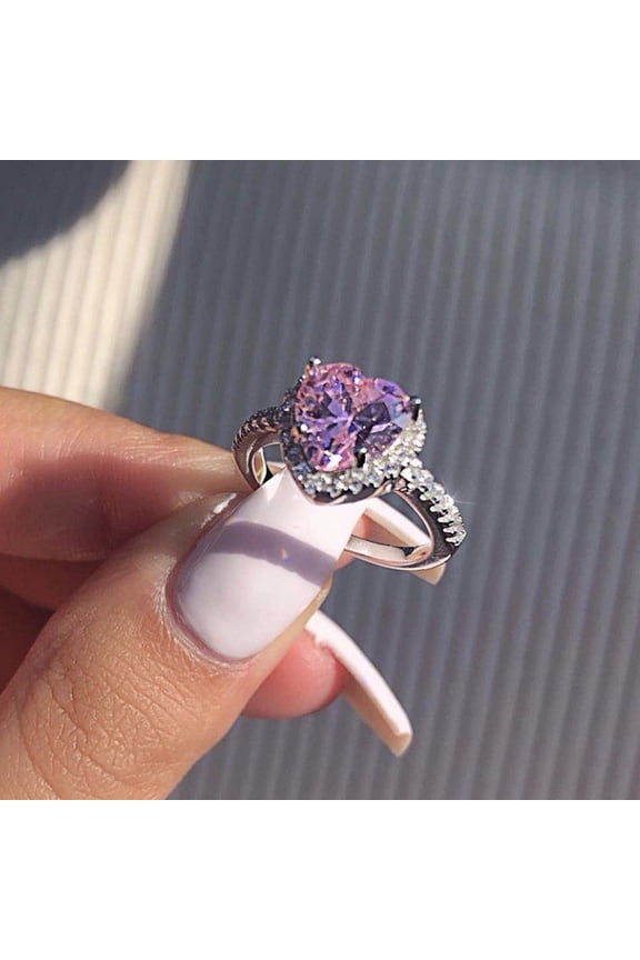 Pink Heart-shaped Rhinestone Ring Platinum Plated Women Jewelry Accessories
