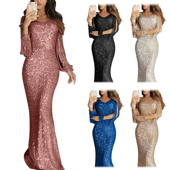 Joernso Plus Size Chic Women Sequined Tassel Long Sleeve V Neck Bodycon Party Maxi Dress